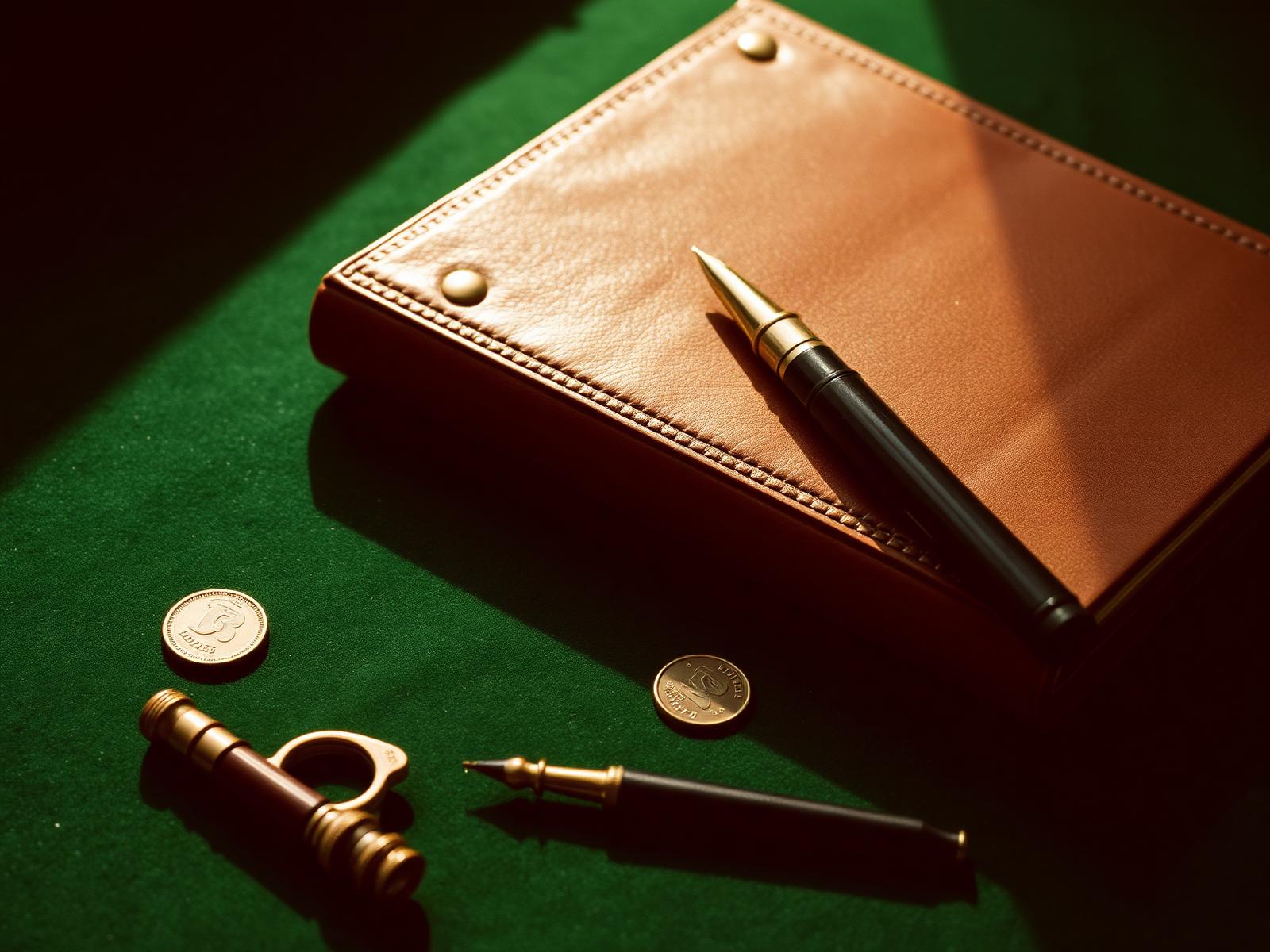 Leather ledger, fountain pen, and gold coins on a forest-green velvet desk